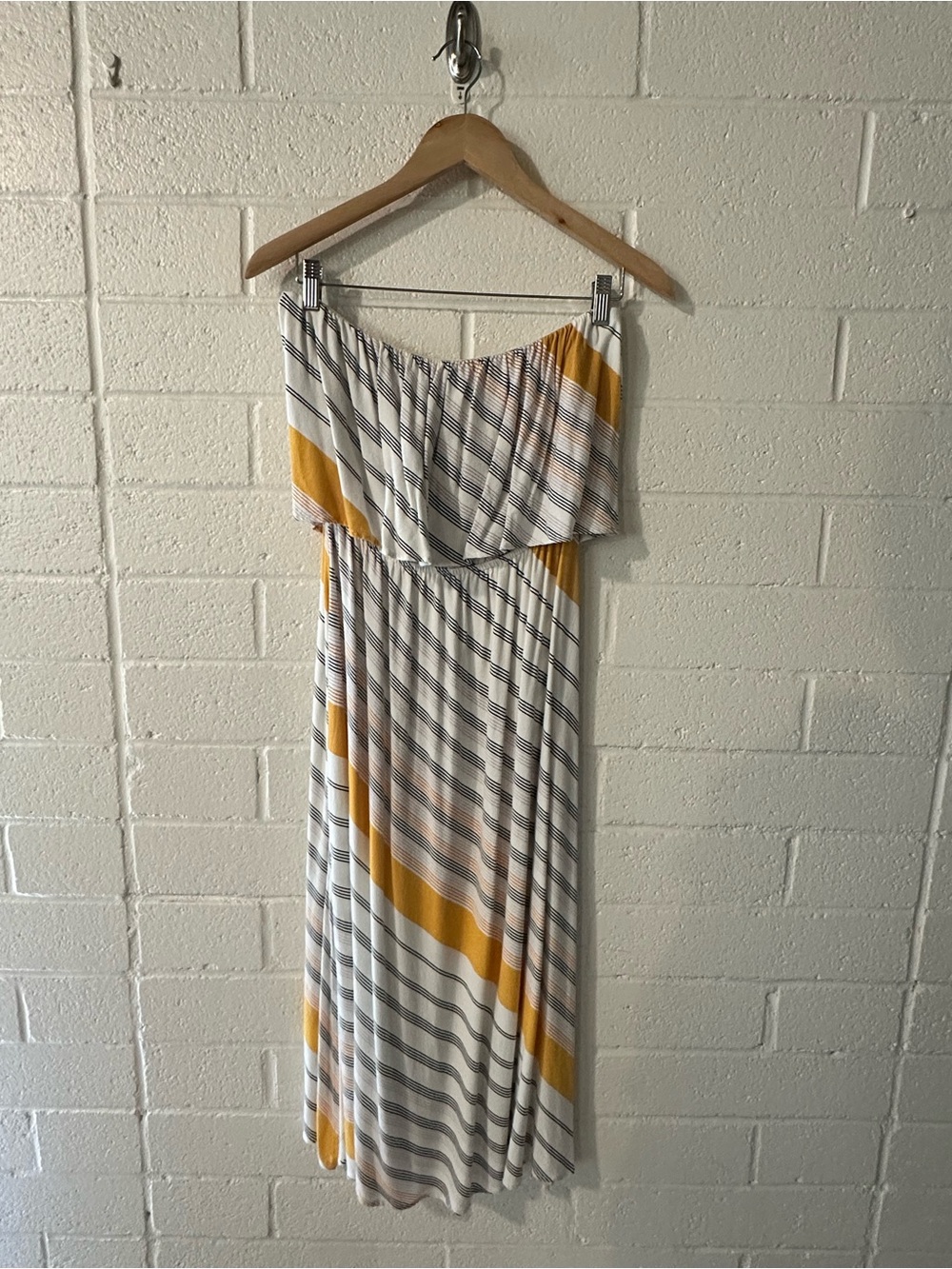 O'Neill Strapless Striped Maxi Dress in White, Mustard, and Gray